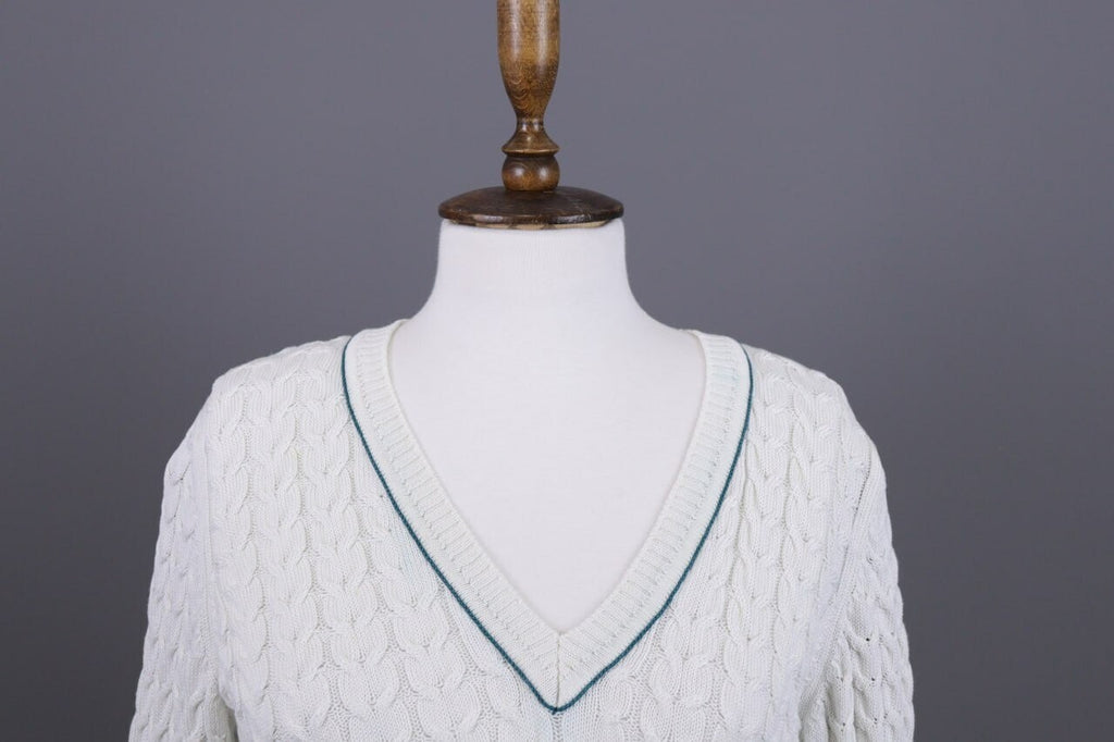 Burberry London White Striped Knit V-Neck Sweater – Size 40