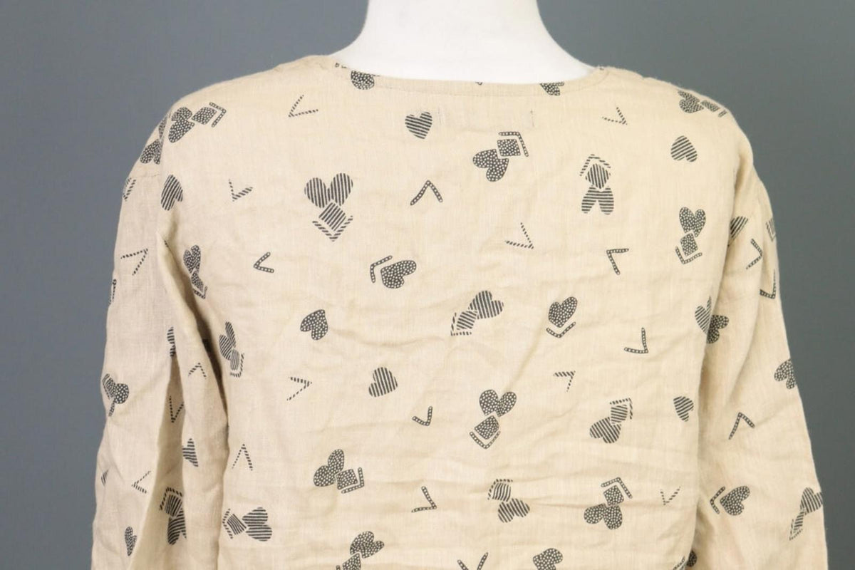 GUDRUN SJODEN Beige Printed Linen Long SLeeve Lagenlook Blouse Tunic Shirt Sz M