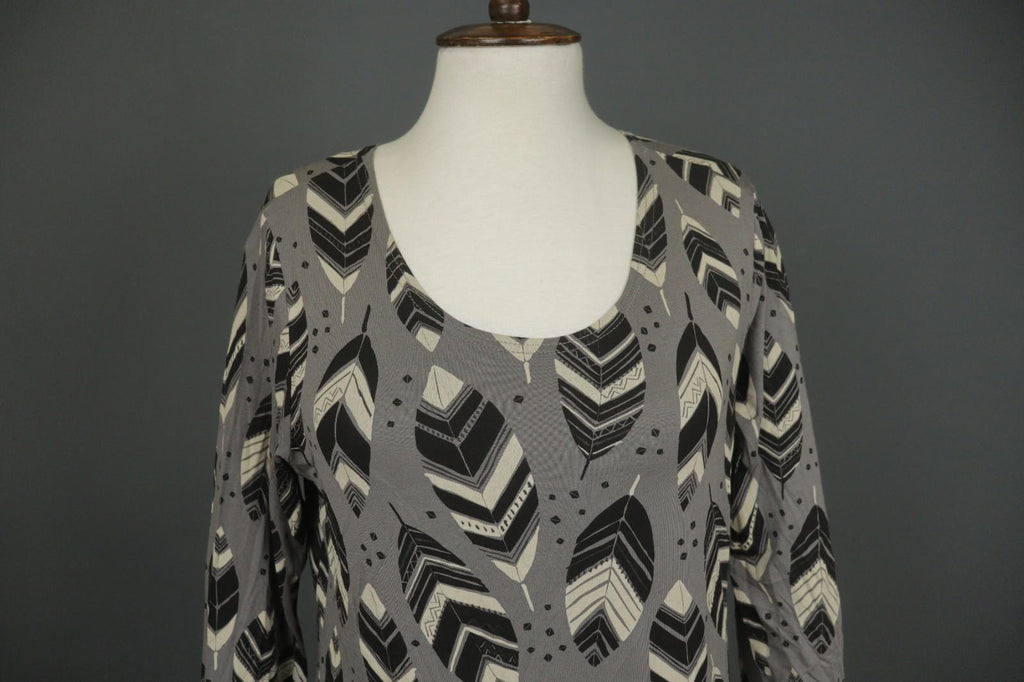 GUDRUN SJODEN Gray Black Leaf Print Round Neck Long Sleeve Pullover Blouse Top