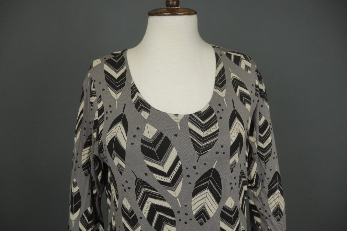 GUDRUN SJODEN Gray Black Leaf Print Round Neck Long Sleeve Pullover Blouse Top