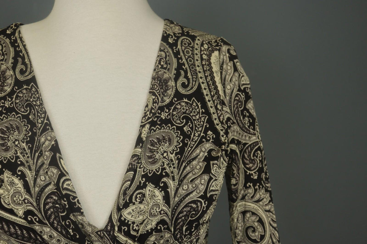 ETRO MILANO Multi Paisley 100% Viscose Long Sleeve V-Neck Sheath Dress – Size 46