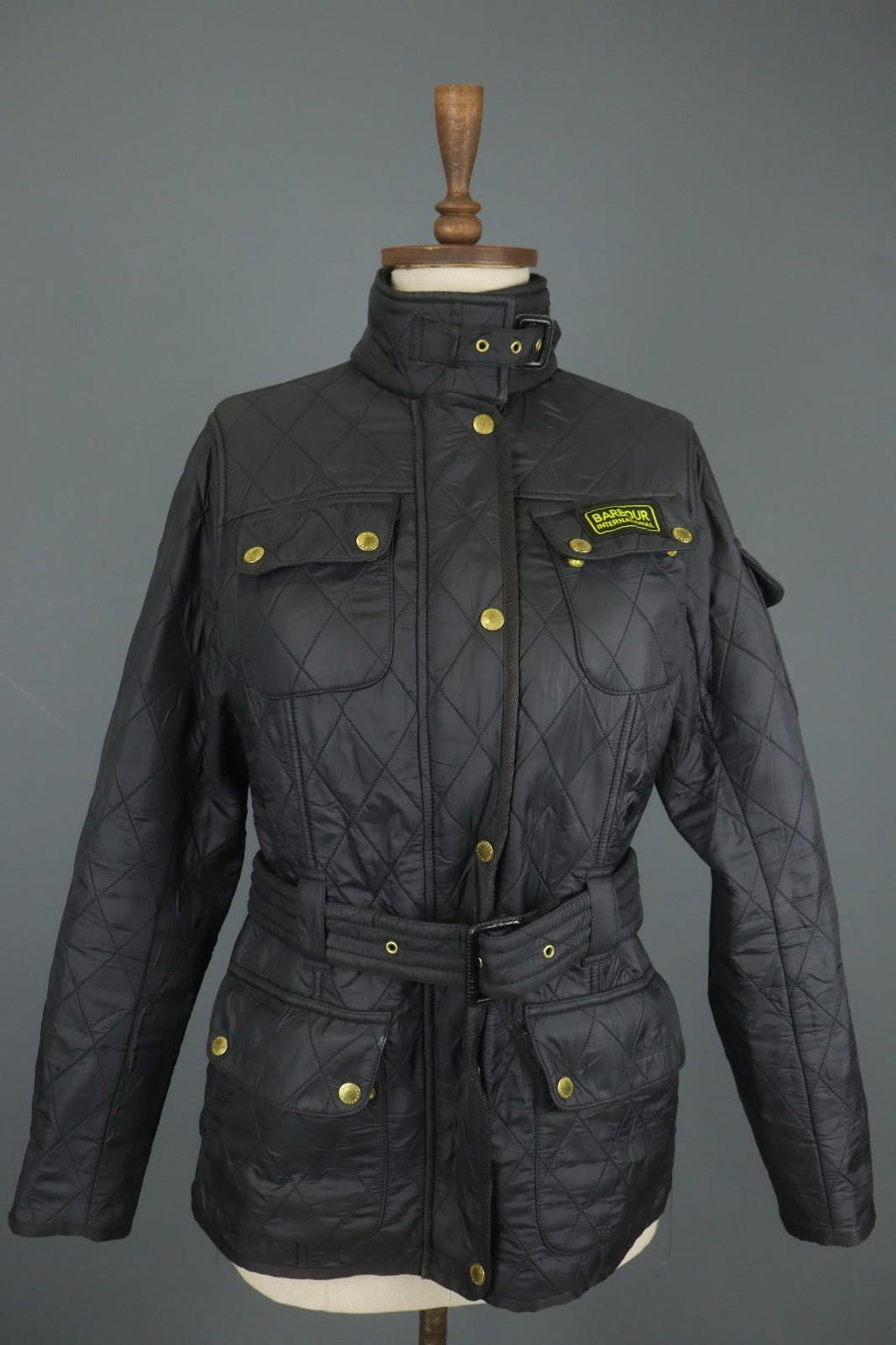 BARBOUR Black Belted Waist & Neck Long Sleeve Snap Front Quilted Jacket – Size 38