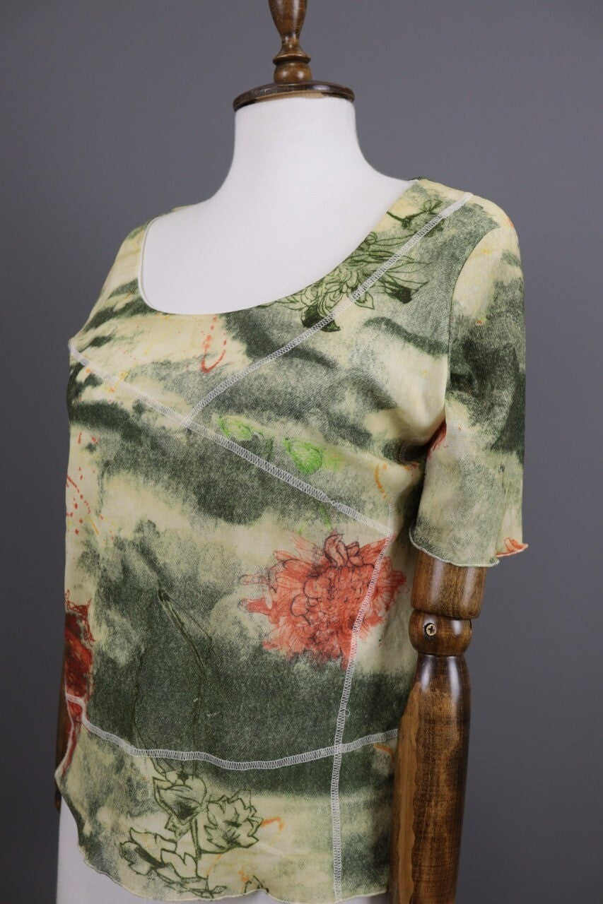 Elisa Cavaletti Green Floral Designer Short Sleeve Blouse Shirt – Size 46 / L