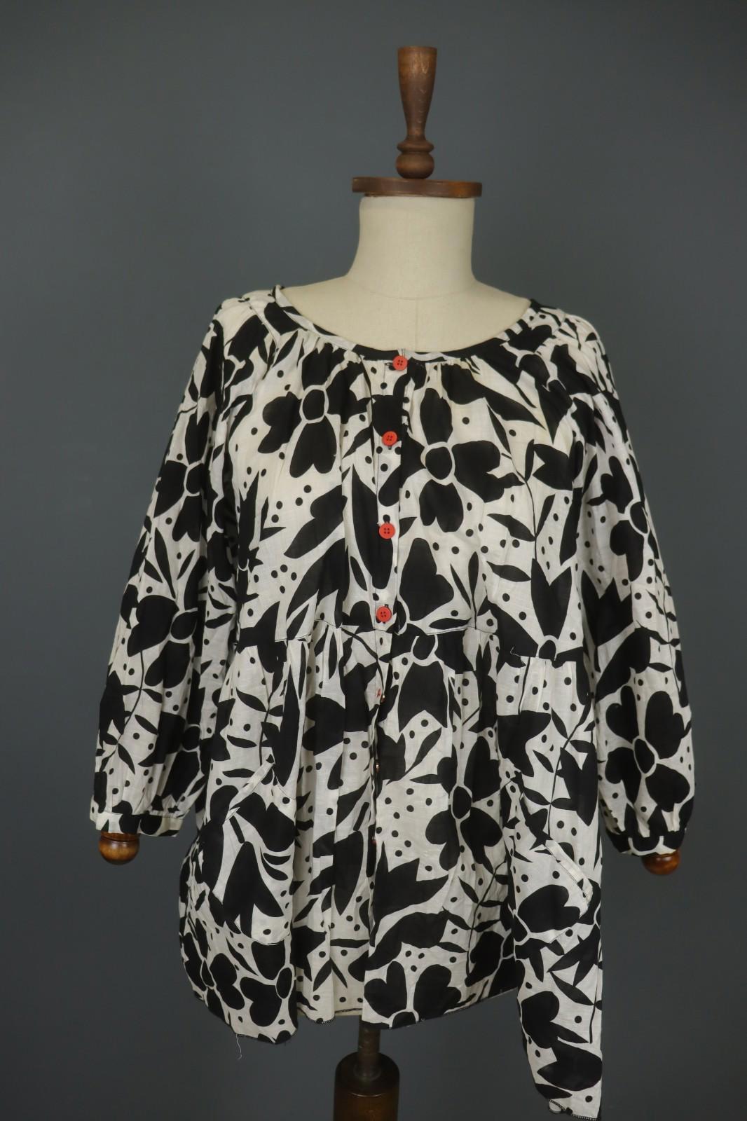 GUDRUN SJODEN White Black Floral Cotton Long Sleeve Button Front Blouse Top Sz S