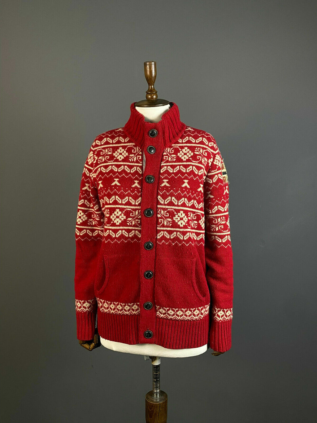 Napapijri Geographic Red Wool Knit Button Up Cardigan Sweater – Women's M – Used