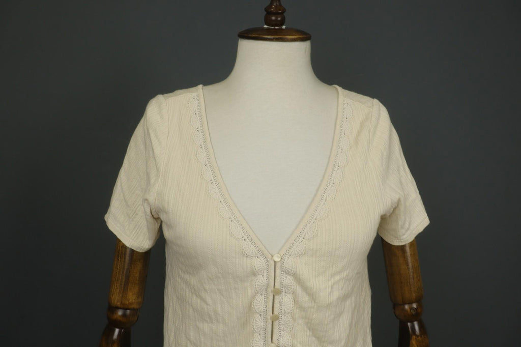 SEZANE Cream 100% Cotton Cable Knit Deep V-Neck Button Front Cardigan – Size S