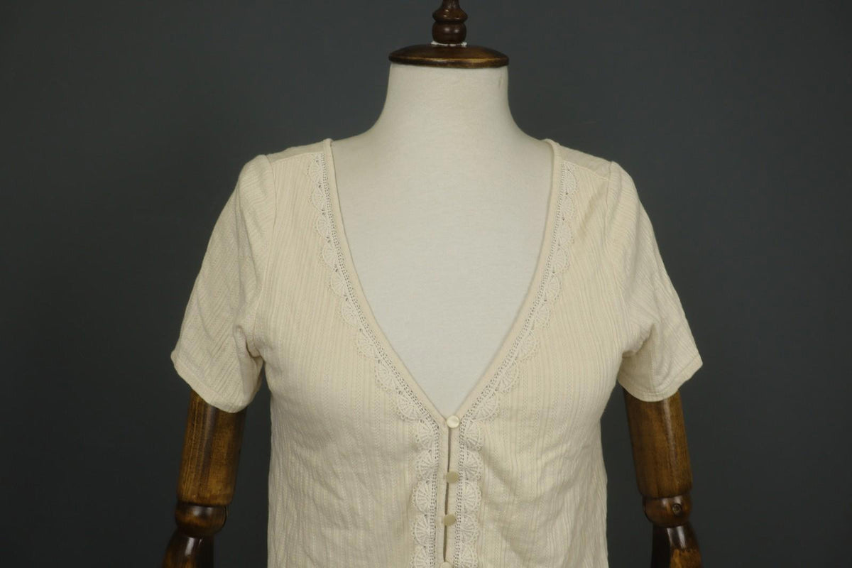 SEZANE Cream 100% Cotton Cable Knit Deep V-Neck Button Front Cardigan – Size S