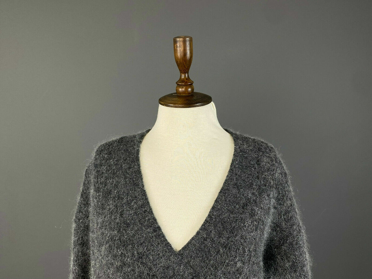 Ganni Grey V-Neck Mohair Wool Sweater – Women's XS