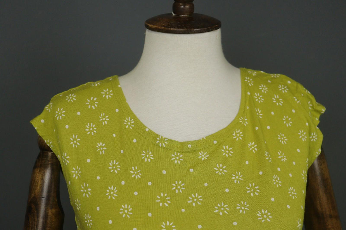 GUDRUN SJODEN Green White Floral 100% Modal Short Sleeve Round Neck Sheath Dress
