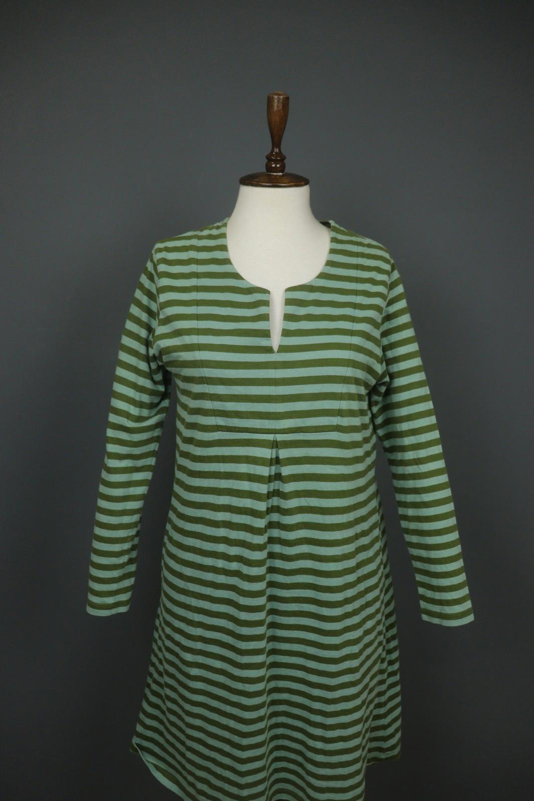 GUDRUN SJODEN Green Striped Organic Cotton Split V-Neck A-Line Dress – Size S