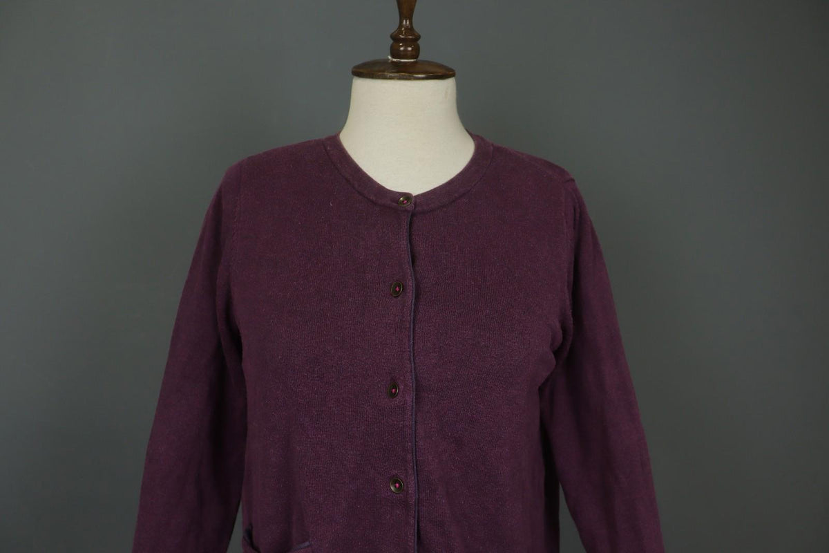 GUDRUN SJODEN Burgundy Cotton Knitted Raglan Sleeve Button Front Cardigan – Size S