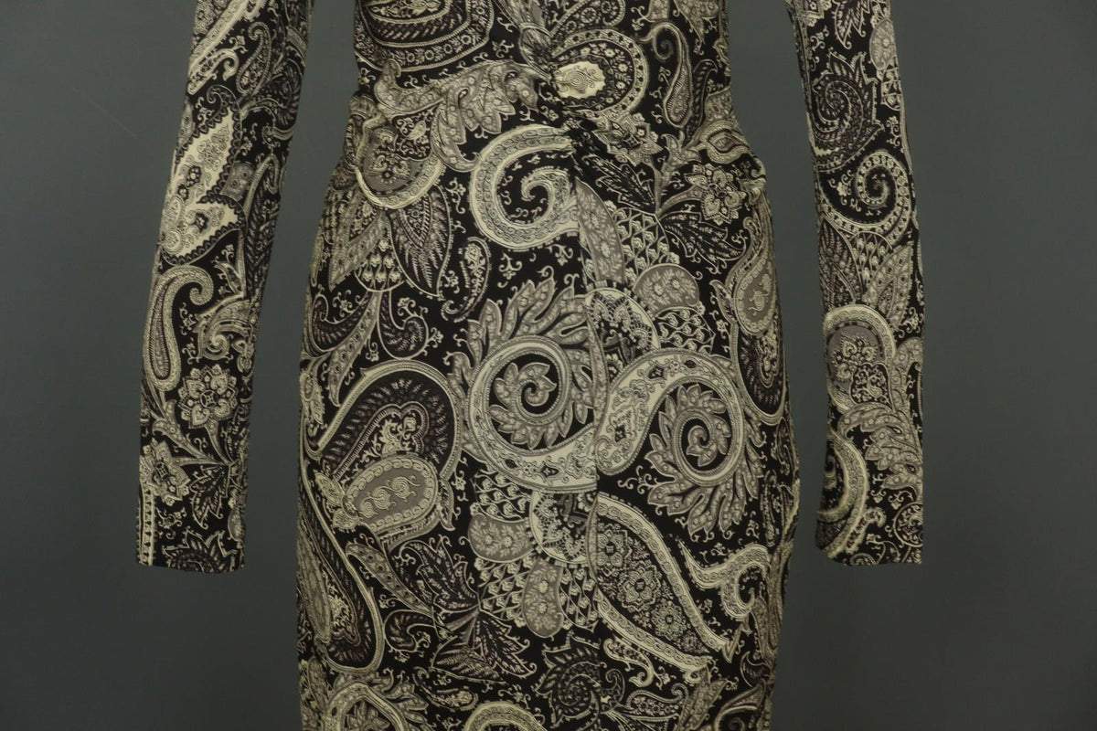 ETRO MILANO Multi Paisley 100% Viscose Long Sleeve V-Neck Sheath Dress – Size 46