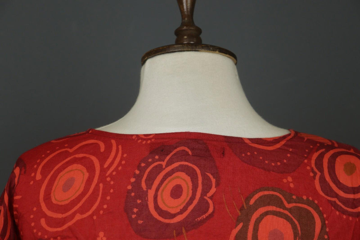 GUDRUN SJODEN Red Cotton Floral Roll Tab Sleeve Button Front Shirt Dress – Size L