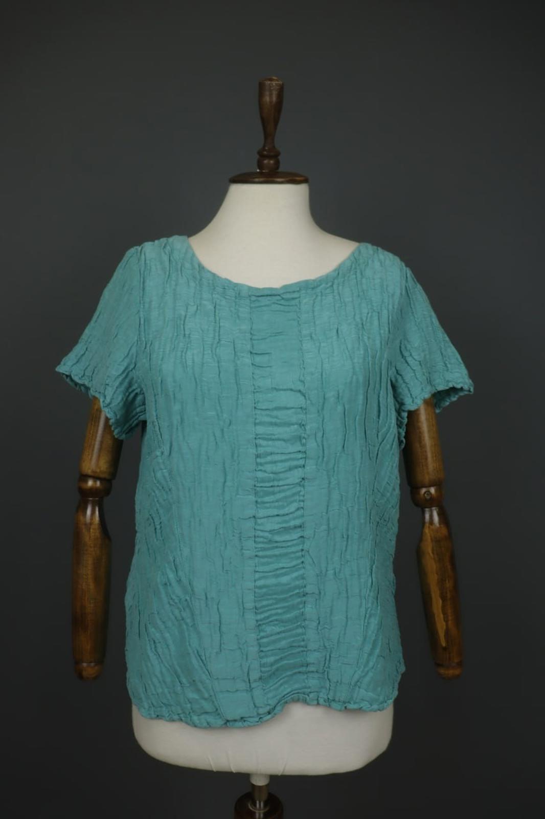 GRIZAS Green Linen Short Sleeve Crew Neck Seersucker Pullover Blouse Top – Size XL