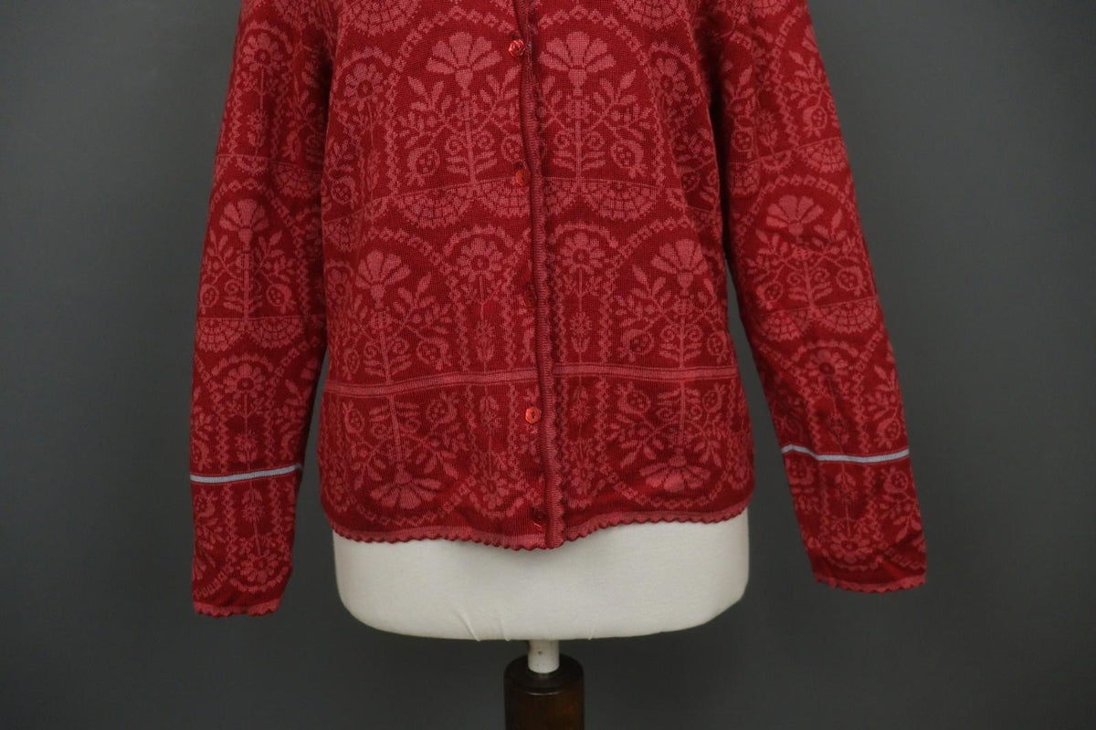 OLEANA Red Floral Wool Blend Long Sleeve Button Front Cardigan Sweater – Size M