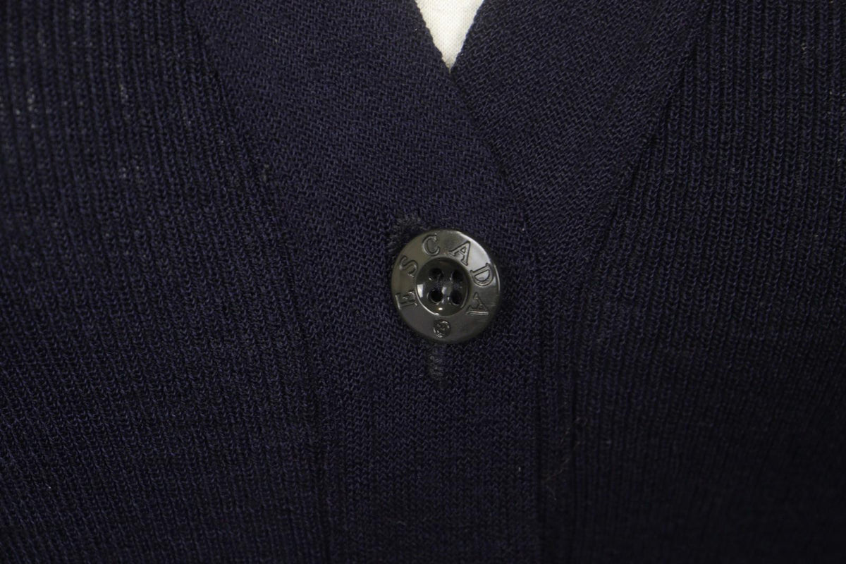 ESCADA Navy Wool Tight Kint Raglan Sleeve V-Neck Button Front Cardigan – Size 40