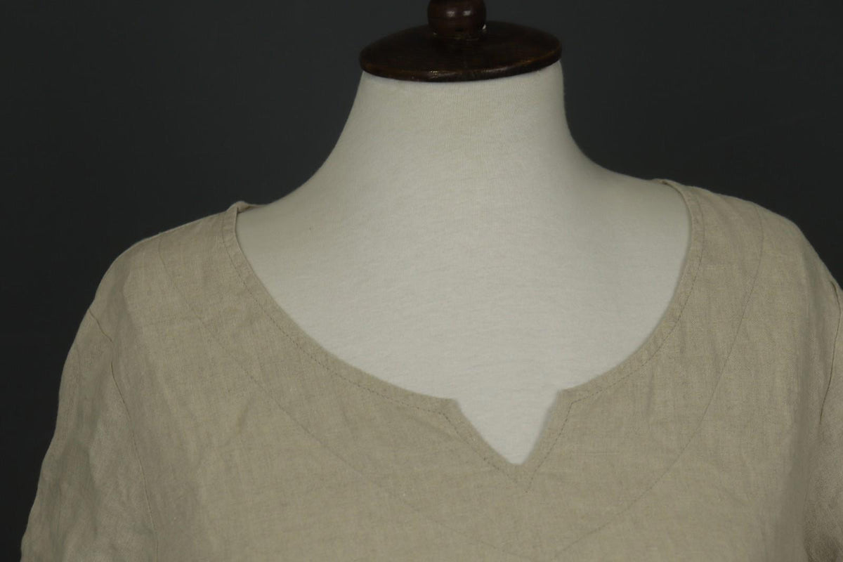 GRIZAS Beige 100% Linen Split Neck Short Sleeve Casual Summer Sheath Dress Sz L