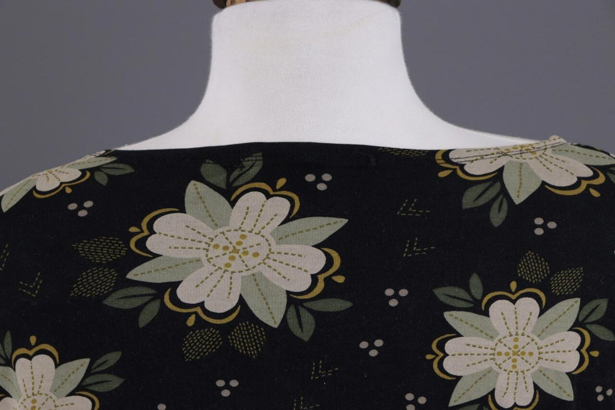 GUDRUN SJODEN Black Floral Relaxed Summer Short Sleeve Blouson Midi Dress – Size L