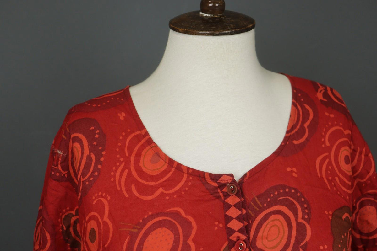 GUDRUN SJODEN Red Cotton Floral Roll Tab Sleeve Button Front Shirt Dress – Size L