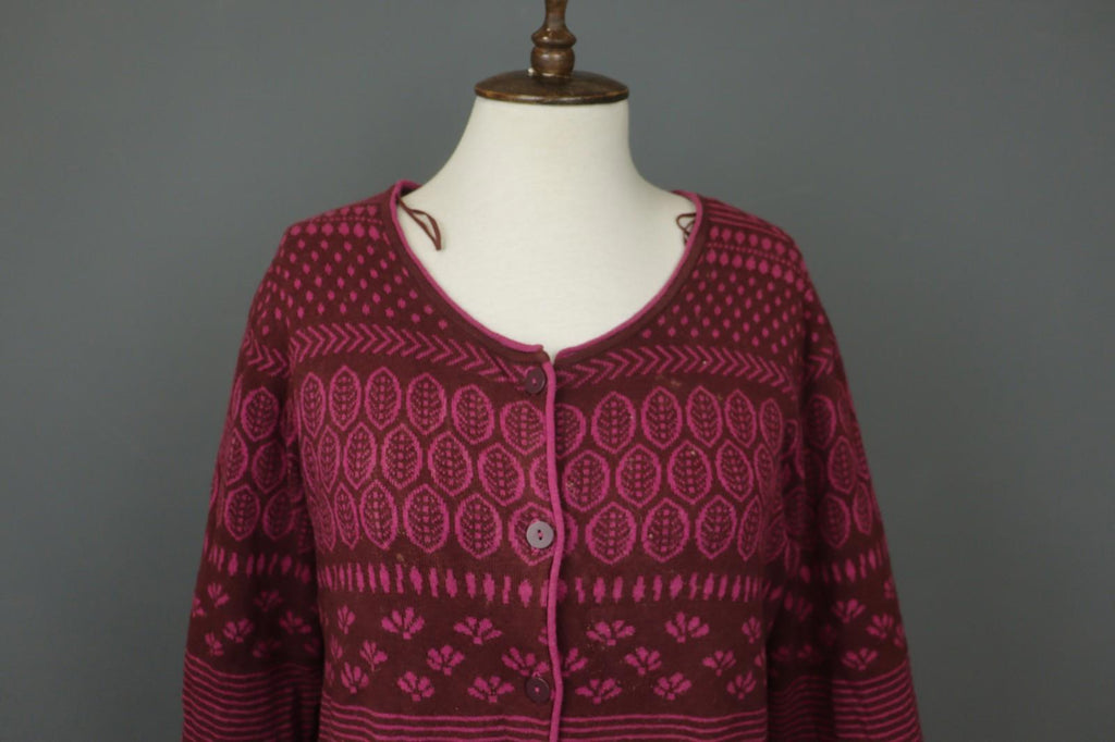 GUDRUN SJÖDEN Burgundy Geo Print Long Sleeve Button Front Cardigan Sweater Sz M