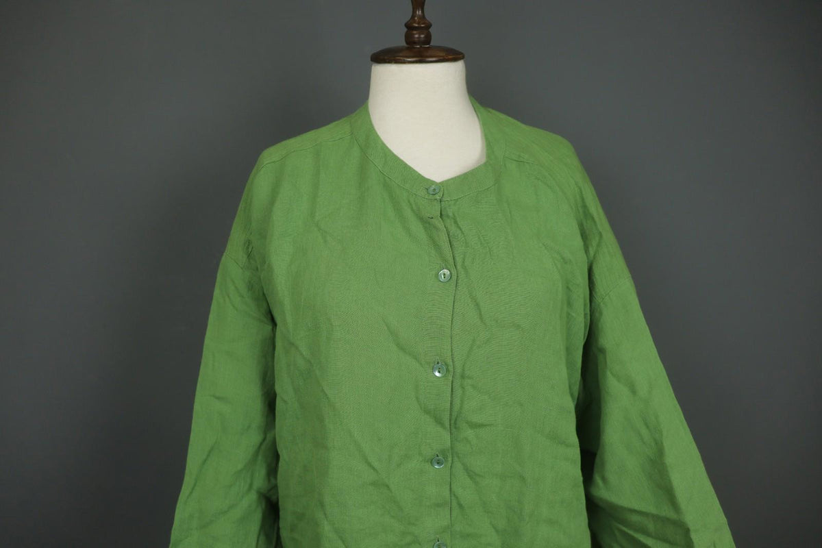 GUDRUN SJODEN Green 100%Linen Classic Long Sleeve Button Front Shirt Dress Sz XL