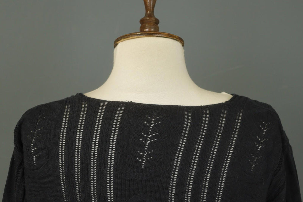 GUDRUN SJODEN Black Silk Open Knit Long Sleeve Round Neck Pullover Sweater