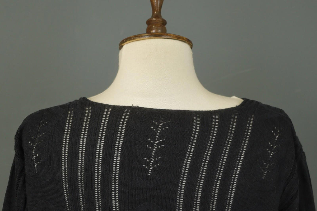GUDRUN SJODEN Black Silk Open Knit Long Sleeve Round Neck Pullover Sweater
