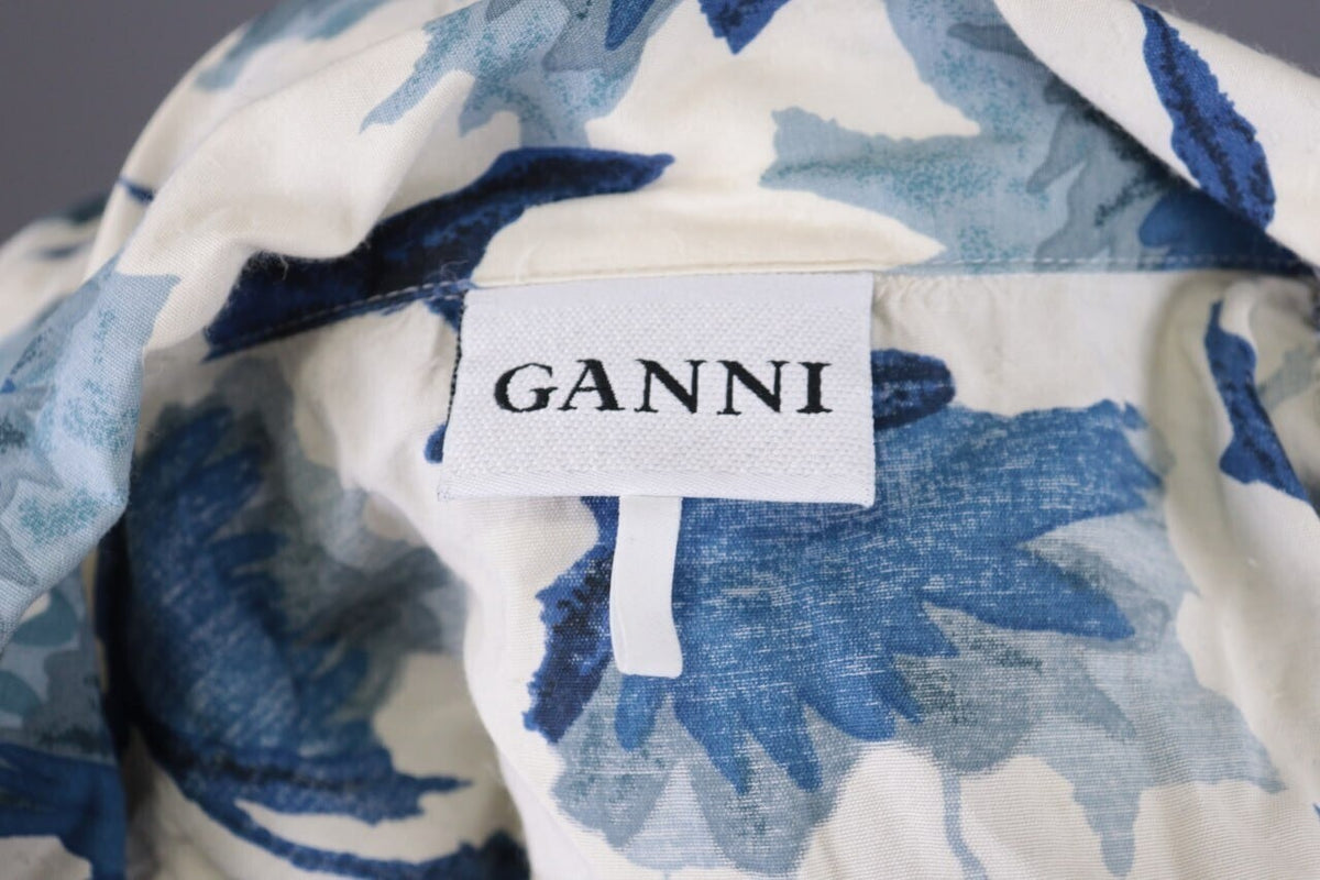 Ganni White Floral Short Sleeve V-Neck Peged Dress – Size S