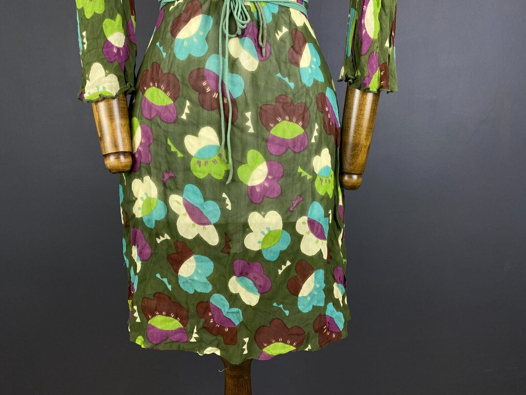 Gudrun Sjoden Green Floral Wrap Belted 3/4 Sleeve Blouson Midi Dress – Size M