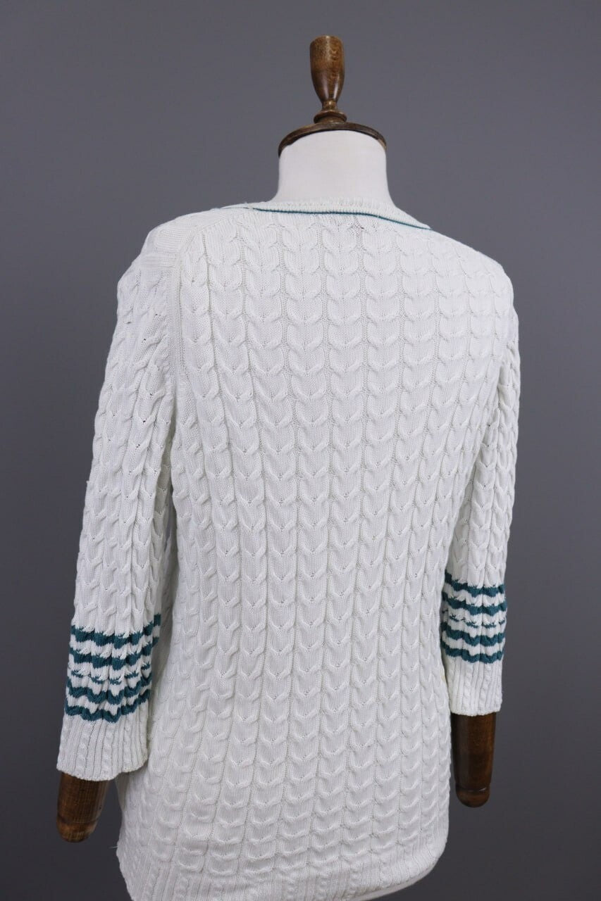 Burberry London White Striped Knit V-Neck Sweater – Size 40