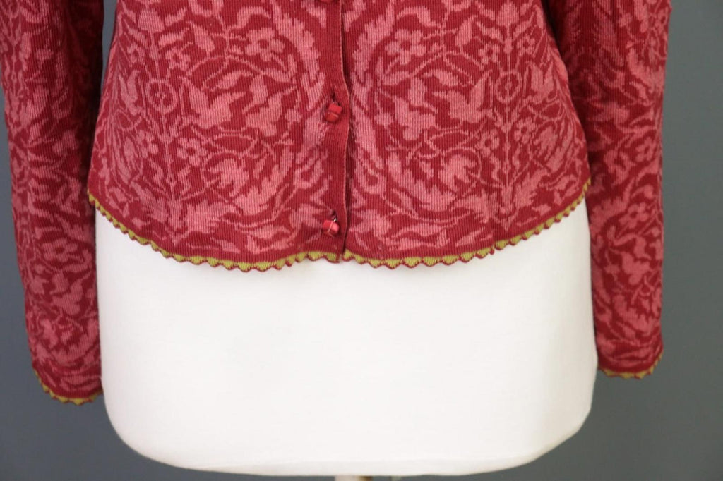 OLEANA Red Floral Round Neck Long Sleeve Button Front Cardigan Sweater S/M