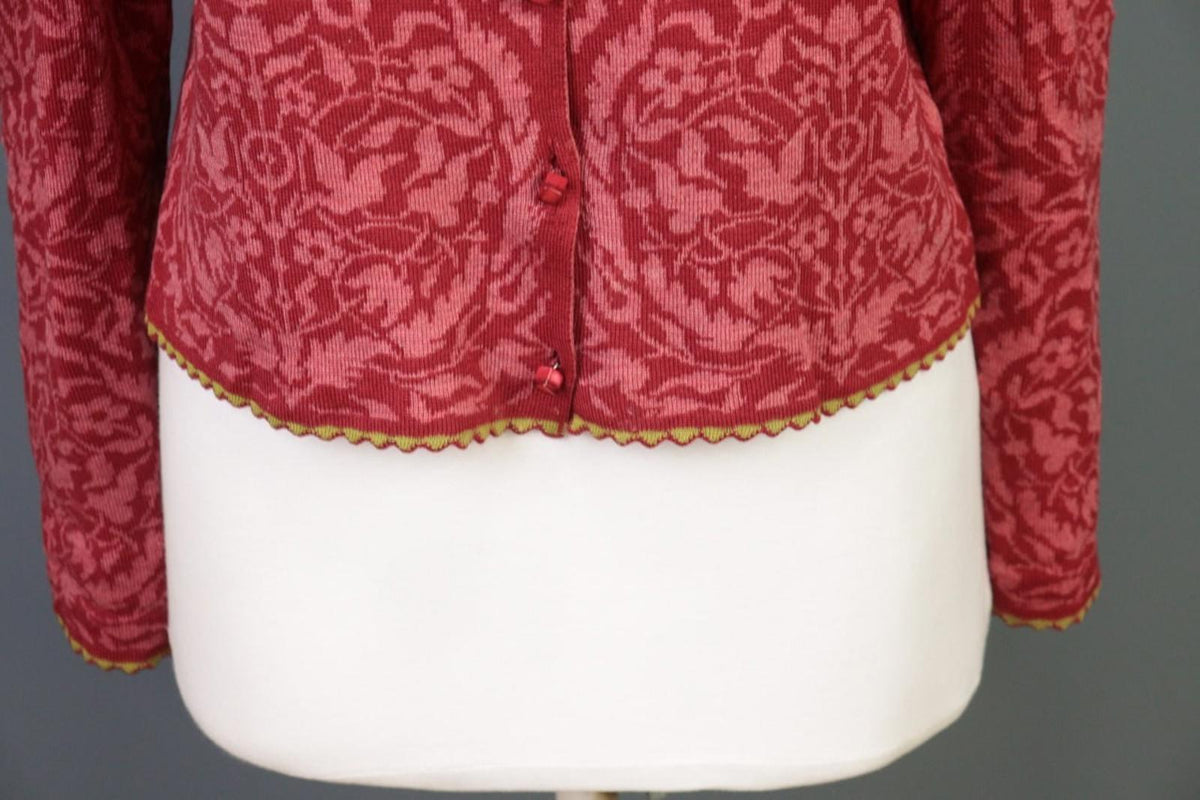 OLEANA Red Floral Round Neck Long Sleeve Button Front Cardigan Sweater S/M