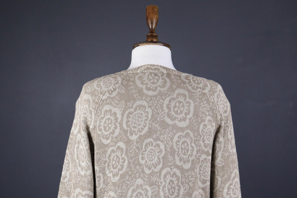 GUDRUN SJODEN Beige Floral Linen Knit Long Cardigan Sweater – Size S