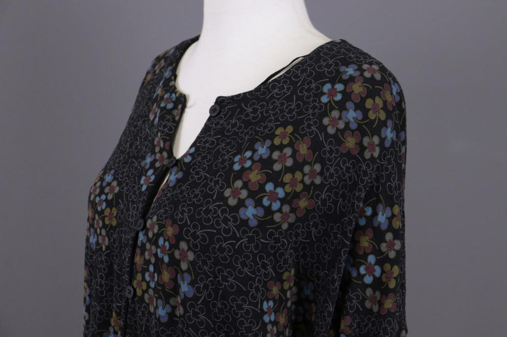 GUDRUN SJODEN Black Floral Oversized Long Sleeve Blouson Midi Dress – Size M