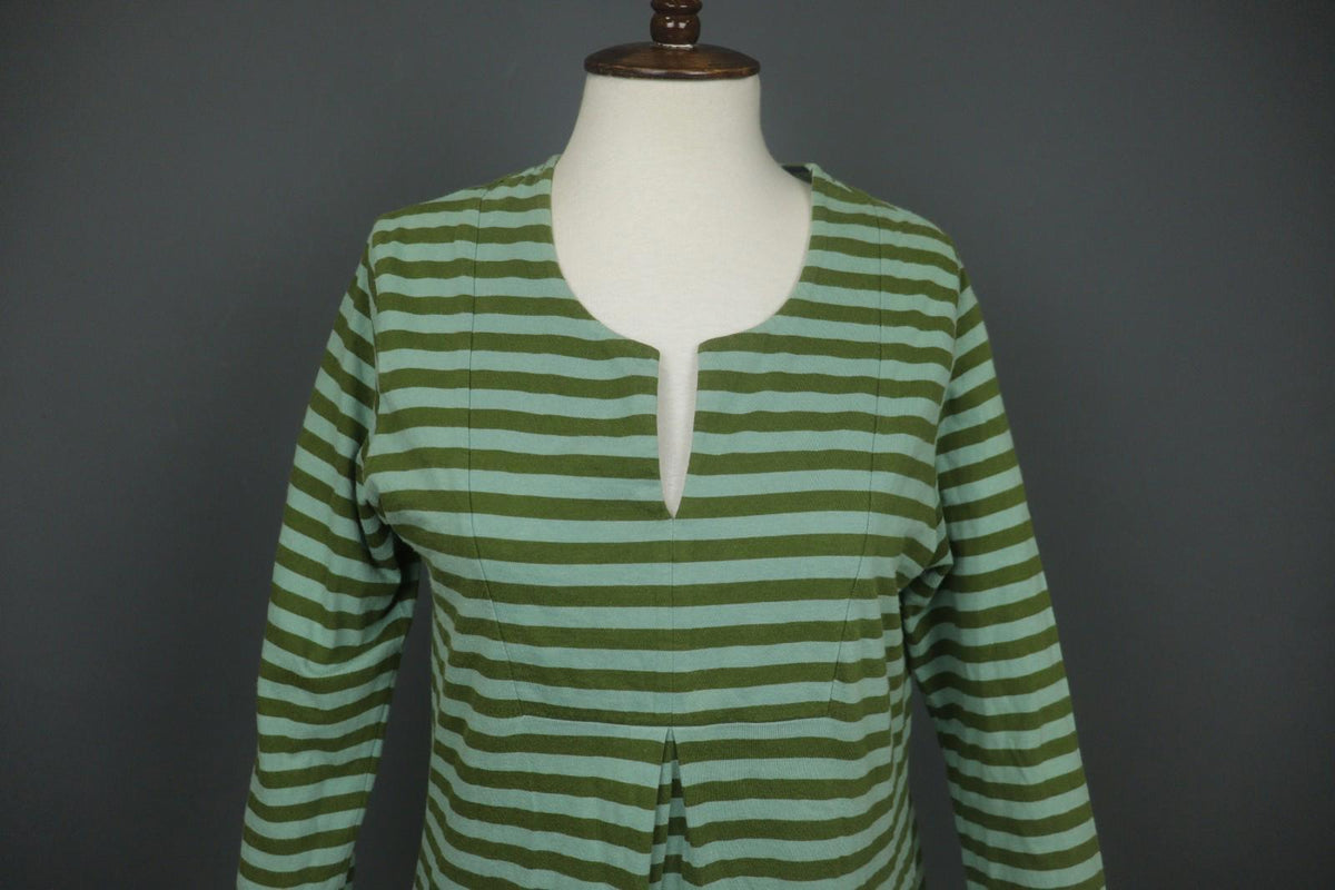 GUDRUN SJODEN Green Striped Organic Cotton Split V-Neck A-Line Dress – Size S