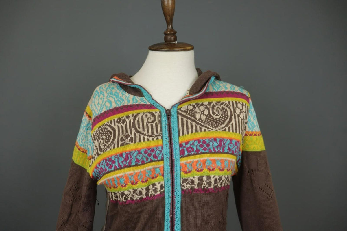 IVKO Multi Embroidered Floral Knitted Long Sleeve Full Zip Hooded Sweater – Size L