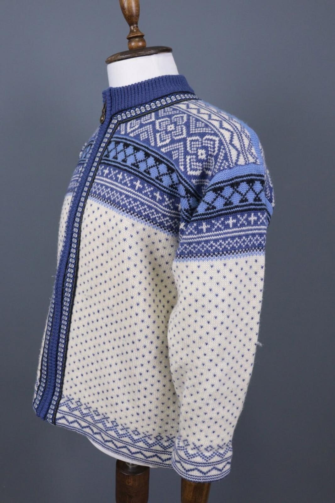 WIND-FJORD CALSSIC Blue / Beige Wool Full Zip Ski Jacket – Size S