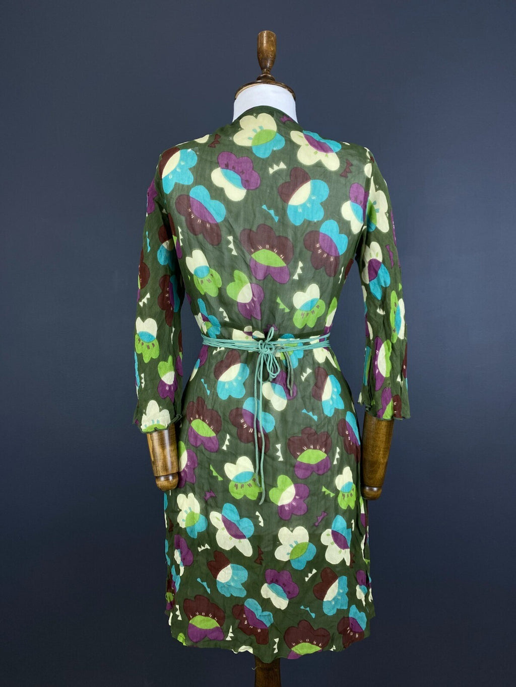 Gudrun Sjoden Green Floral Wrap Belted 3/4 Sleeve Blouson Midi Dress – Size M