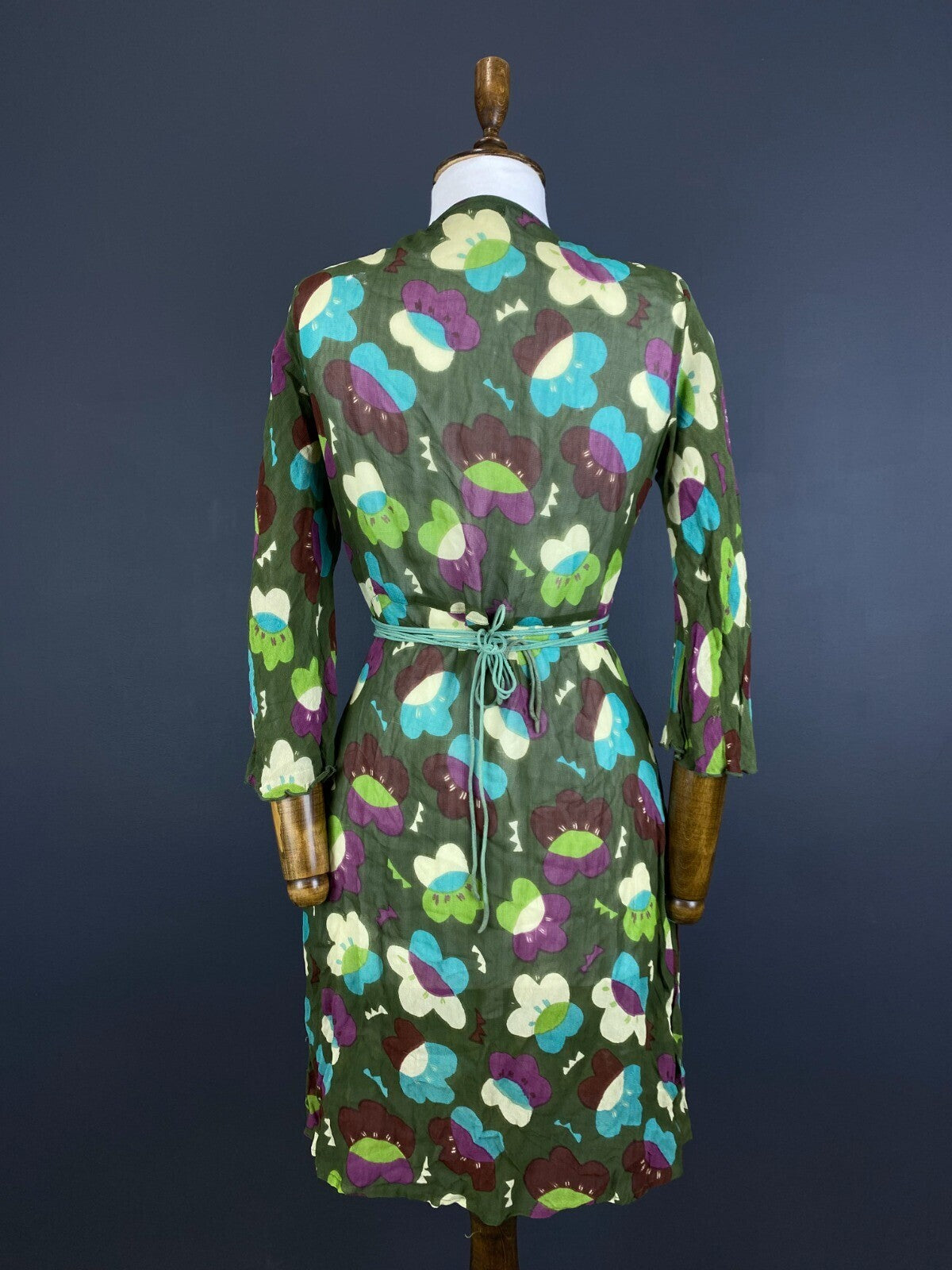 Gudrun Sjoden Green Floral Wrap Belted 3/4 Sleeve Blouson Midi Dress – Size M