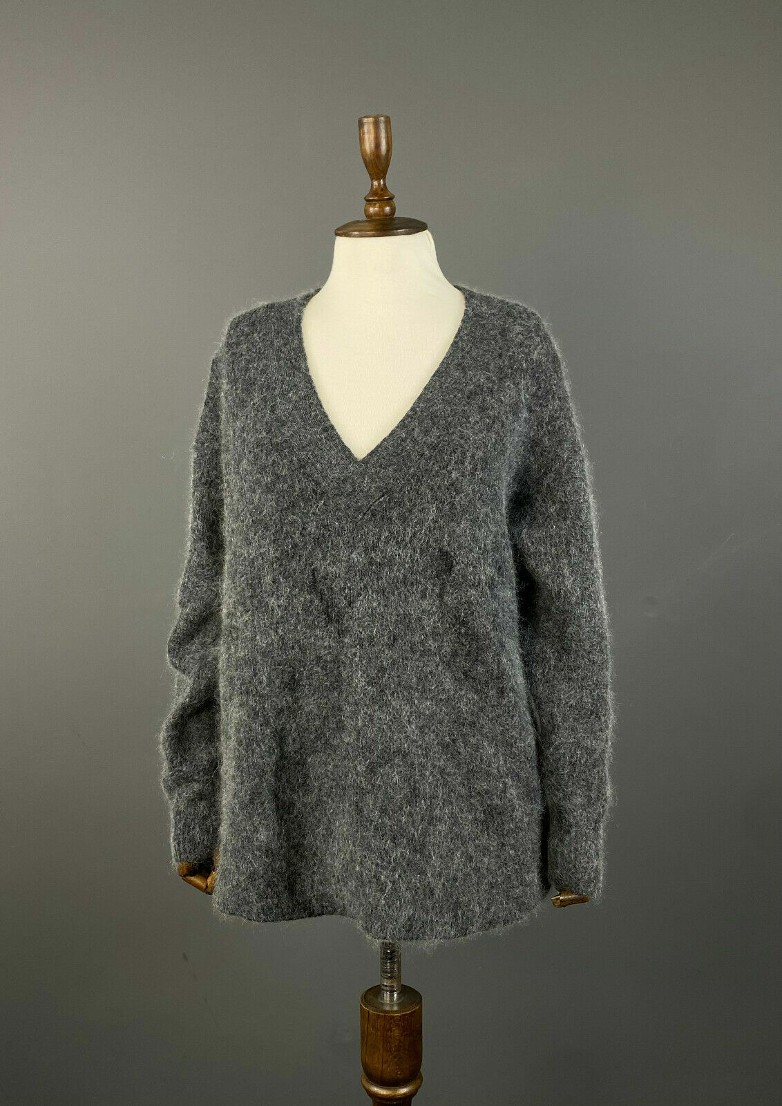 Ganni Grey V-Neck Mohair Wool Sweater – Women's XS