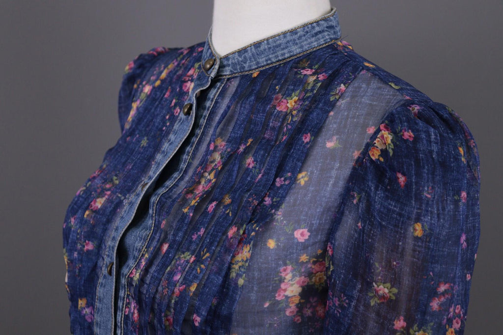 PHILOSOPHY Di Lorenzo Serafini Blue Floral Mesh Ruffle Long Sleeve A-Line Dress