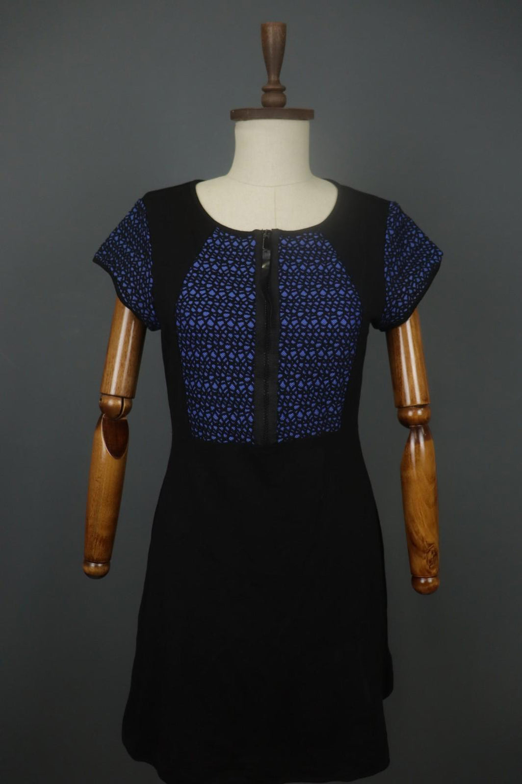 COP COPINE Blue & Black Round Neck Short Sleeve Zip-Up A-Line Dress – Size 40
