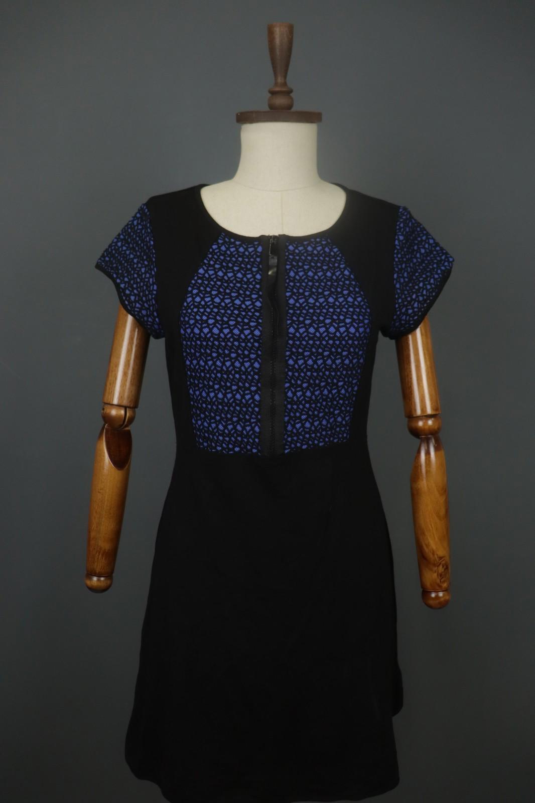 COP COPINE Blue & Black Round Neck Short Sleeve Zip-Up A-Line Dress – Size 40