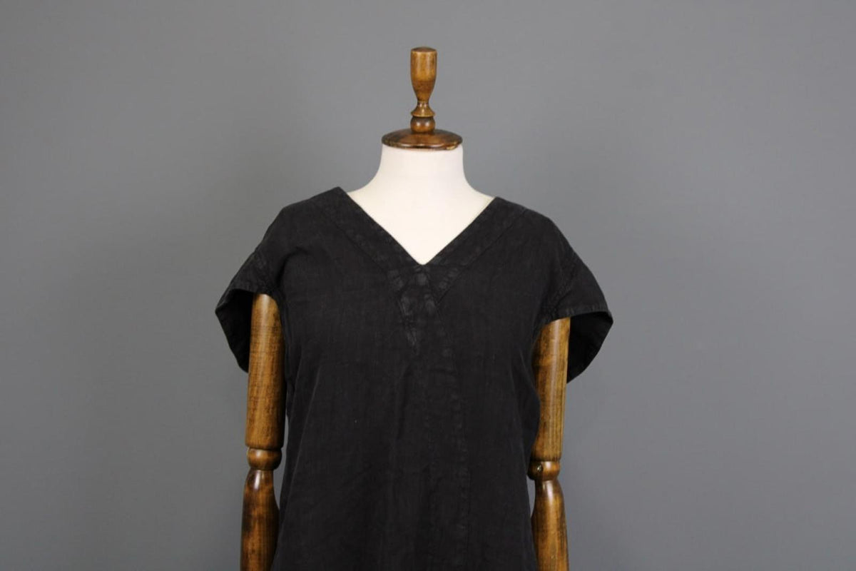 OSKA Black Linen Regular Fit V-Neck Casual Short Sleeve Long Maxi Dress – Size 2