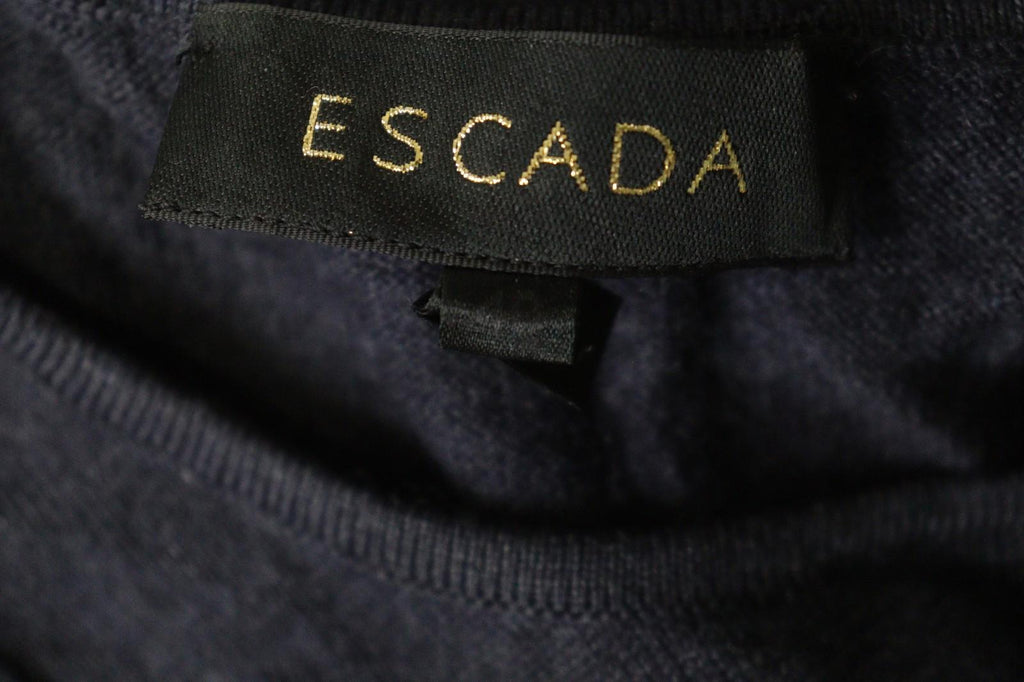 ESCADA Navy 100% Wool Knitted Short Sleeve Round Neck Pullover Sweater – Size 40