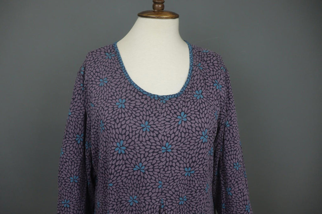 GUDRUN SJODEN Purple Floral Lyocell Long Sleeve Round Neck Shift Dress – Size XL