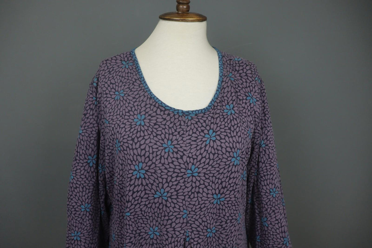 GUDRUN SJODEN Purple Floral Lyocell Long Sleeve Round Neck Shift Dress – Size XL