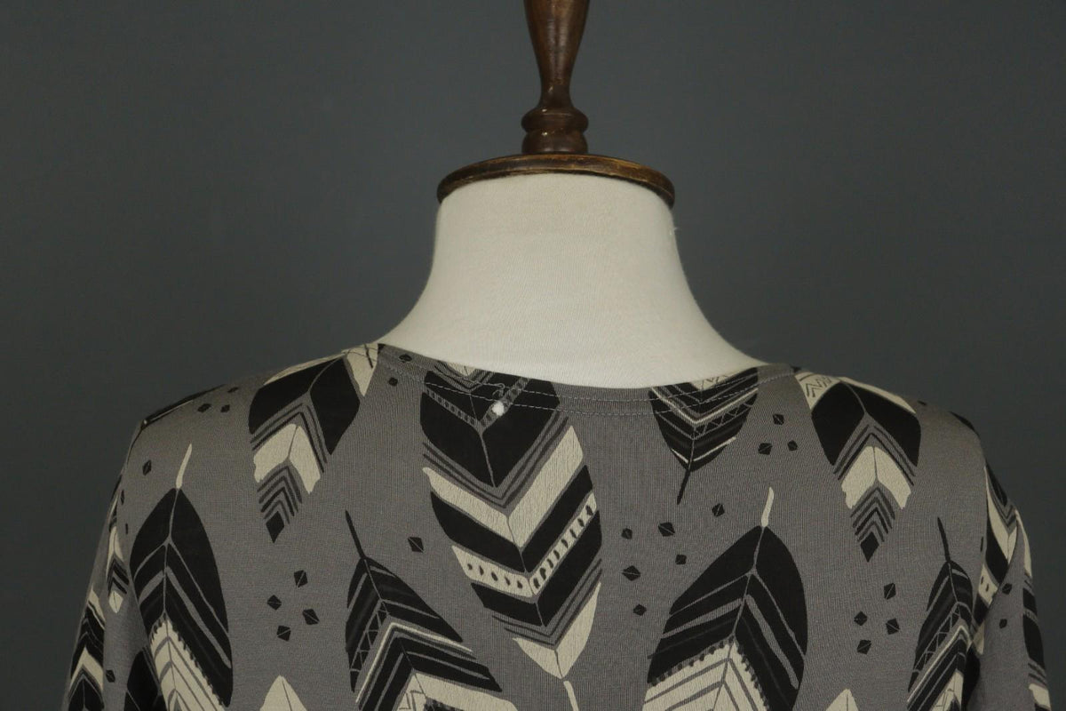 GUDRUN SJODEN Gray Black Leaf Print Round Neck Long Sleeve Pullover Blouse Top