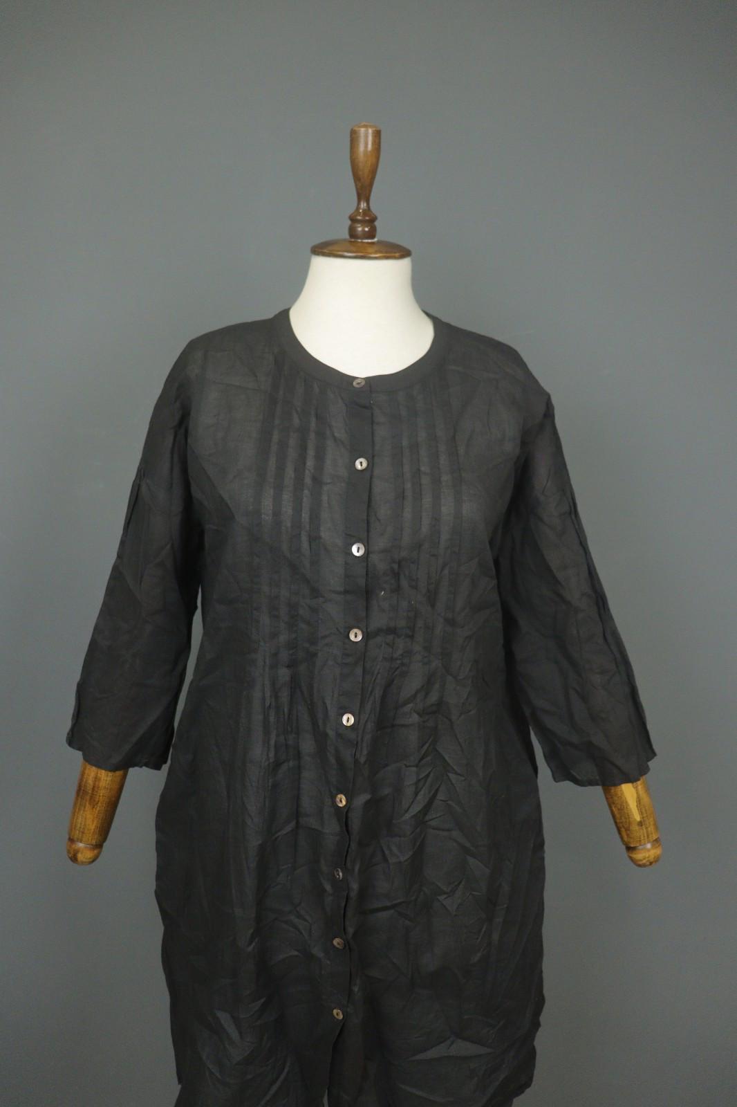 GUDRUN SJODEN Black Cotton Pintuck 3/4 Sleeve Button Front Shirt Dress – Size S