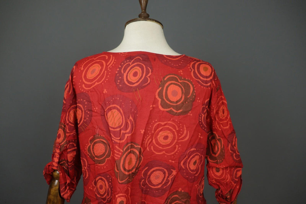 GUDRUN SJODEN Red Cotton Floral Roll Tab Sleeve Button Front Shirt Dress – Size L
